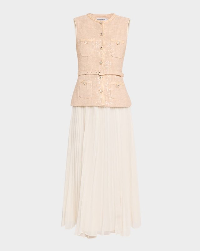 Sequined Boucle Chiffon Midi Dress